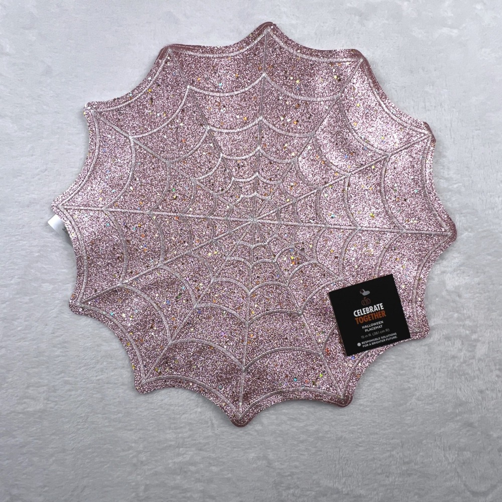 Celebrate Together Halloween Spider Web Placemat Rose Shadow Pink Glitter 15 in